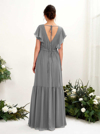 Carlyna Chaya A-Line Steel Gray Bridesmaid Dress Maxi Cap Sleeve V-Neck Dress Back View #color_steel-gray