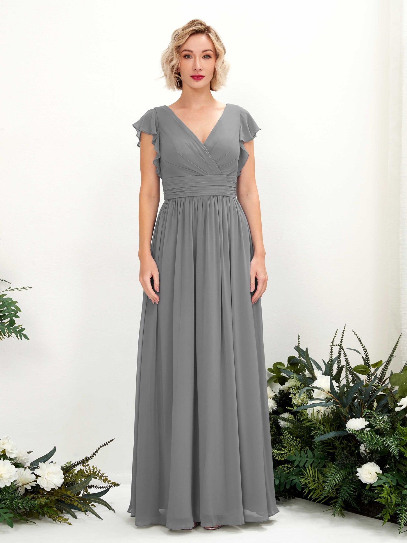 V-neck Short Sleeves Chiffon Bridesmaid Dress - Steel Gray (81222720)#color_steel-gray