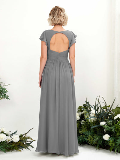 Carlyna Grino A-Line Steel Gray Bridesmaid Dress Maxi Cap Sleeve V-Neck Dress Back View #color_steel-gray