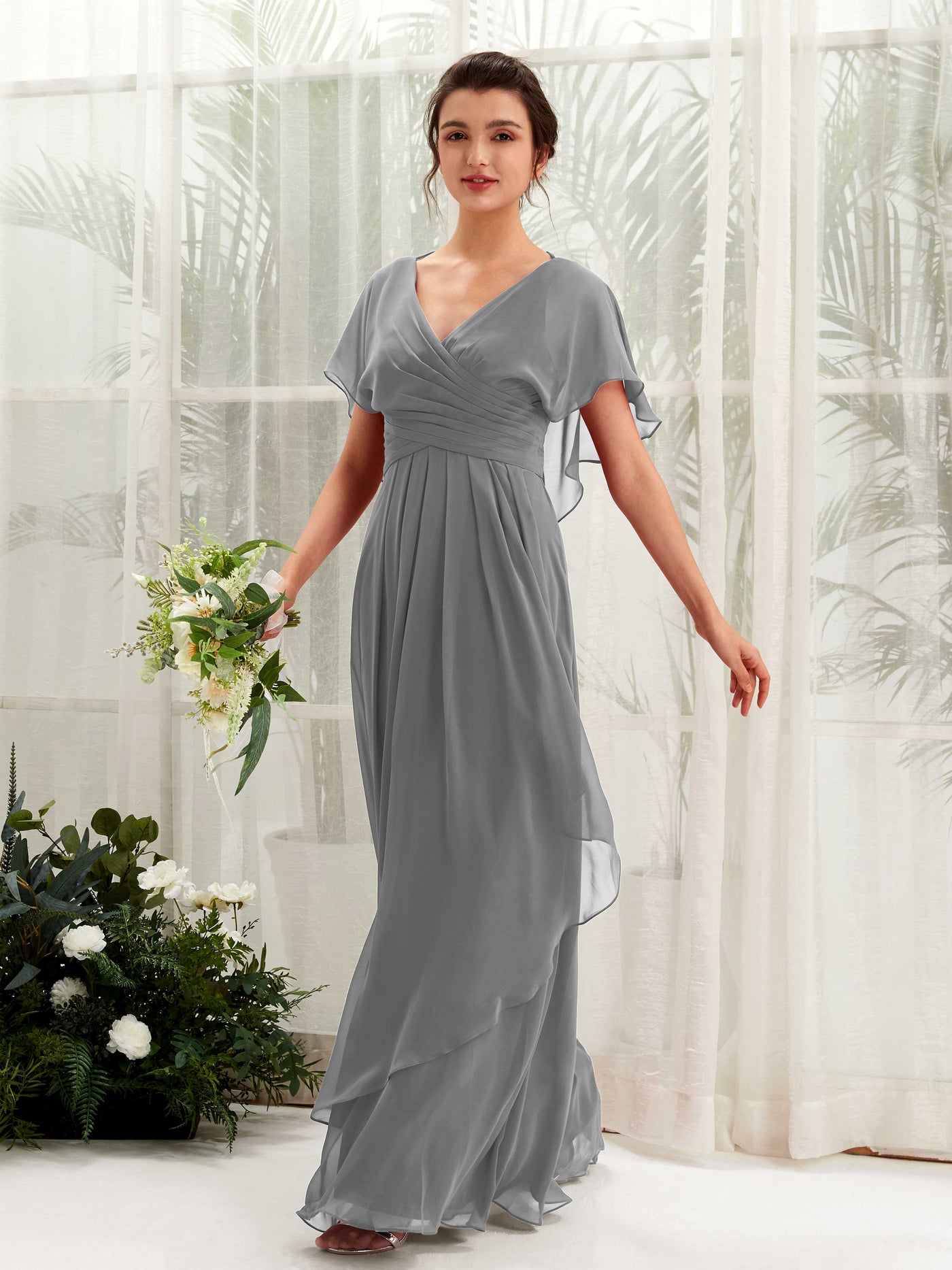 V-neck Short Sleeves Chiffon Bridesmaid Dress - Steel Gray (81226120)#color_steel-gray