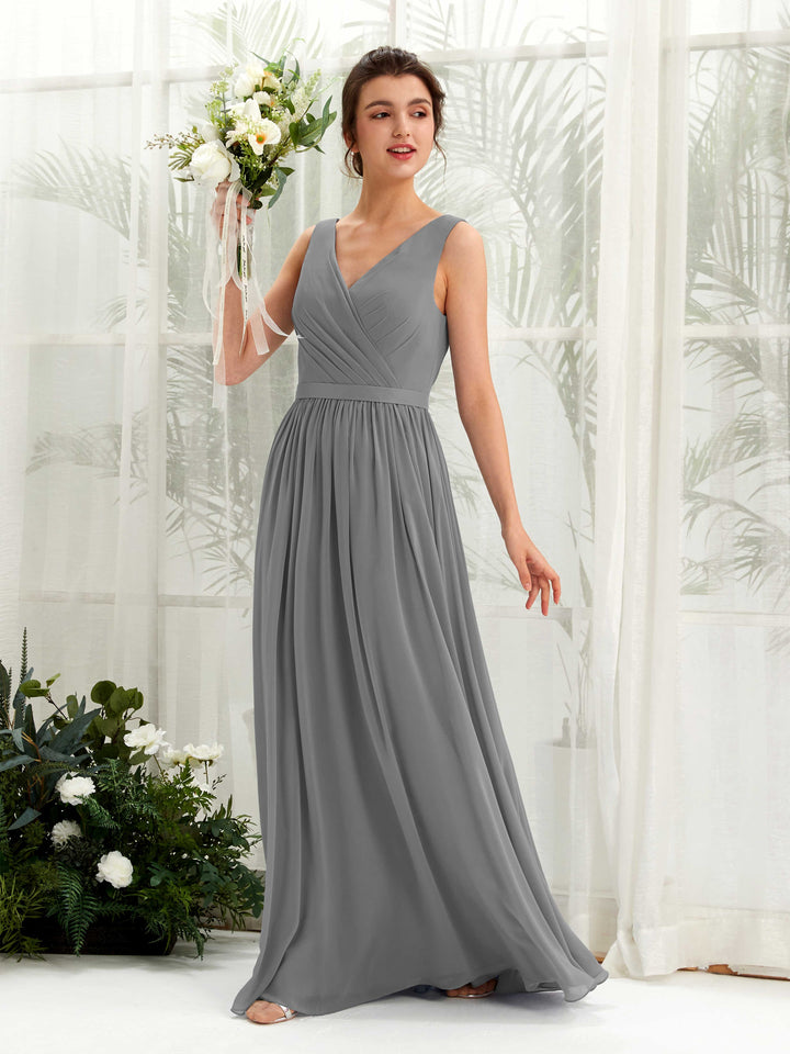 V-neck Sleeveless Chiffon Bridesmaid Dress - Steel Gray (81223620)