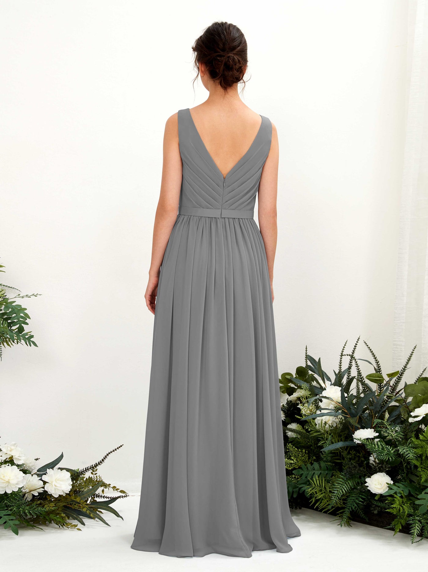 V-neck Sleeveless Chiffon Bridesmaid Dress - Steel Gray (81223620)#color_steel-gray
