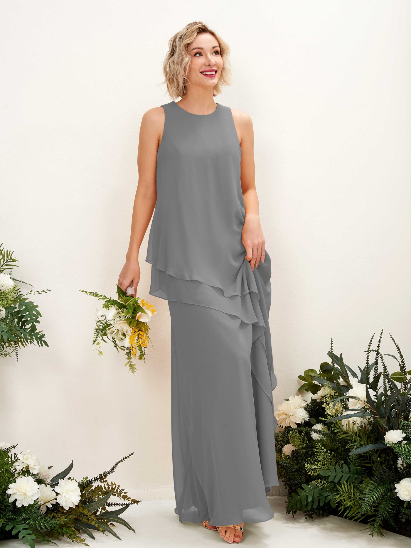 Round Sleeveless Chiffon Bridesmaid Dress - Steel Gray (81222320)#color_steel-gray