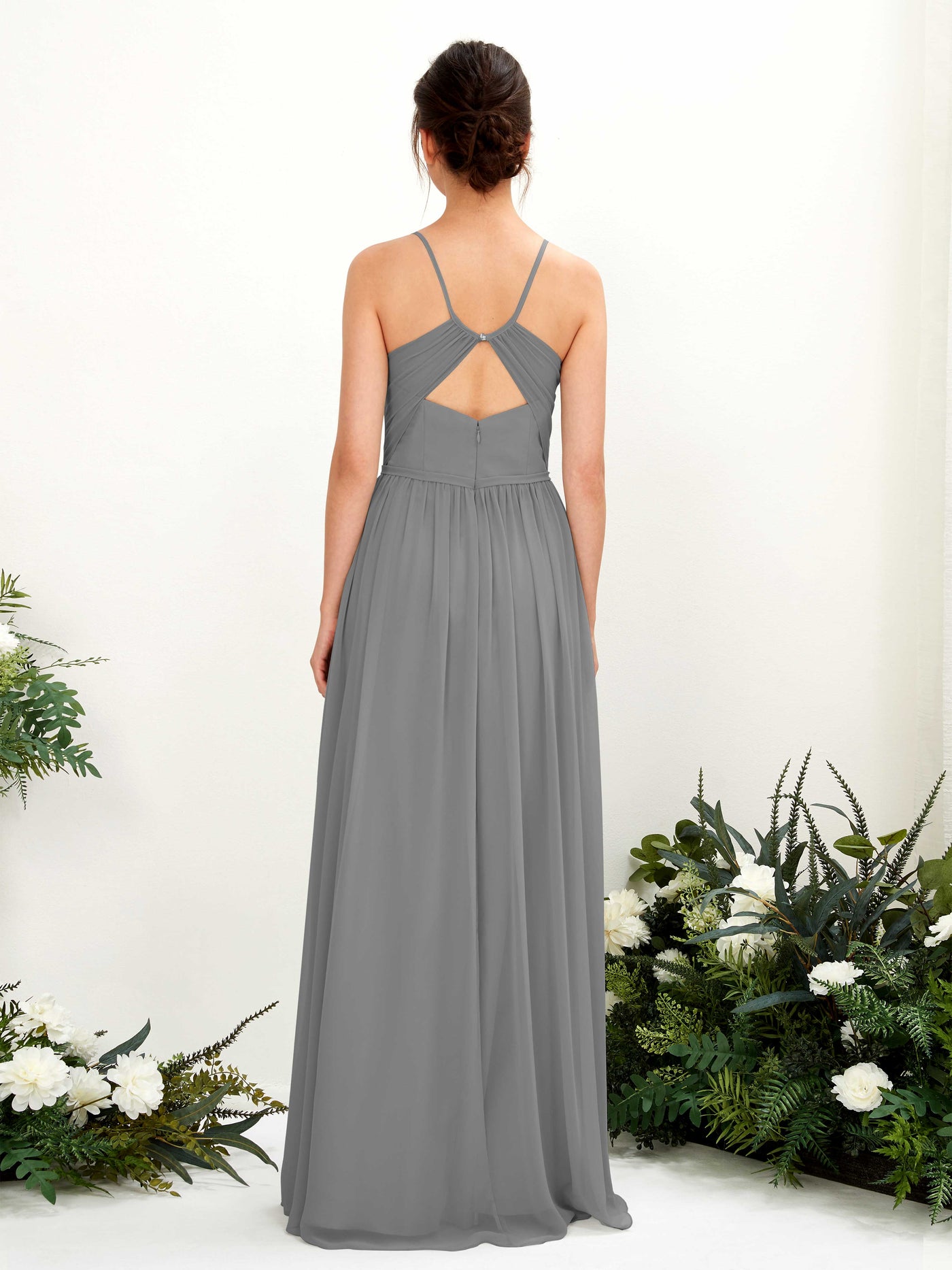Spaghetti-straps V-neck Chiffon Bridesmaid Dress - Steel Gray (81221420)#color_steel-gray