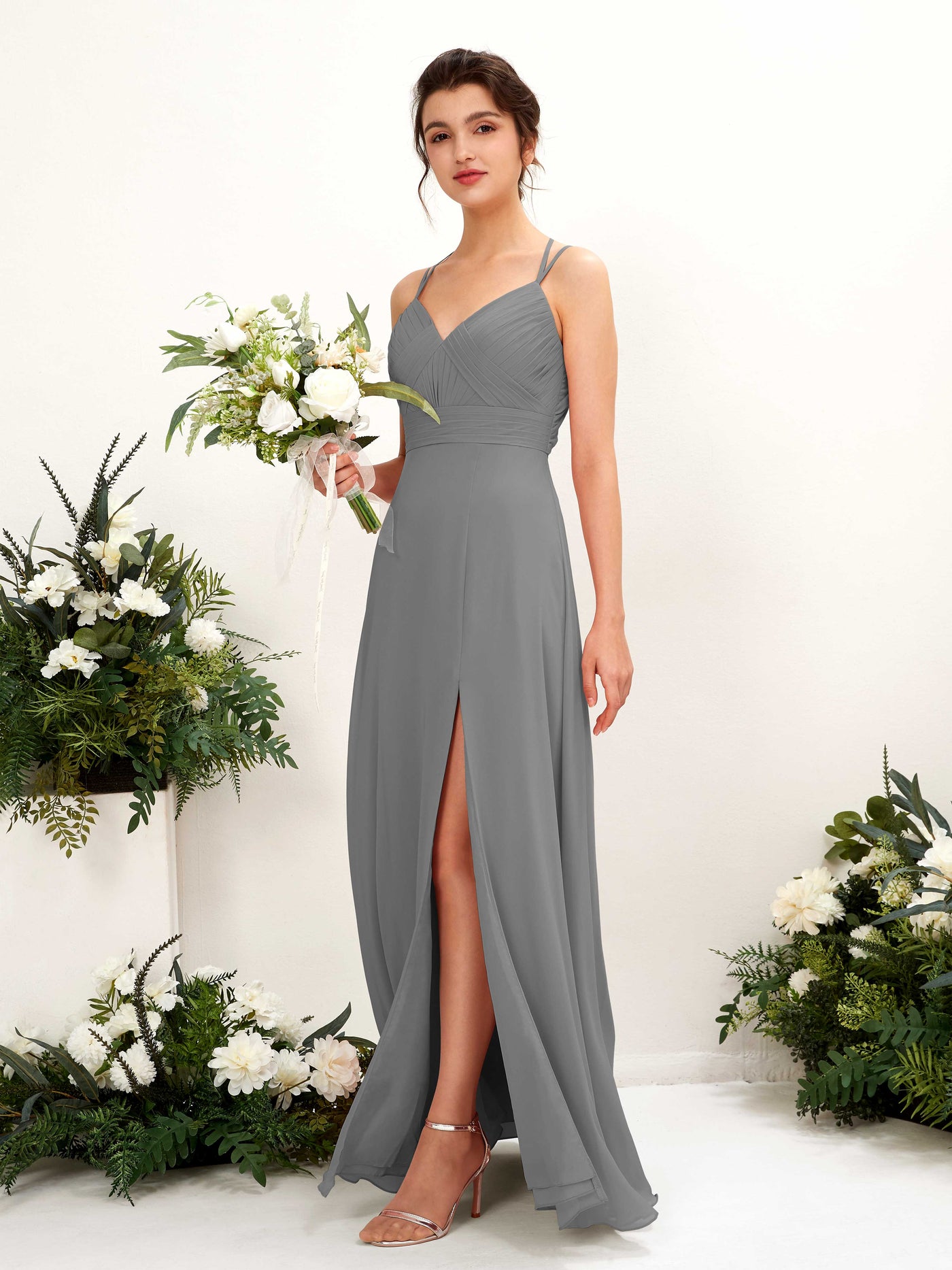 Straps V-neck Sleeveless Chiffon Bridesmaid Dress - Steel Gray (81225420)#color_steel-gray