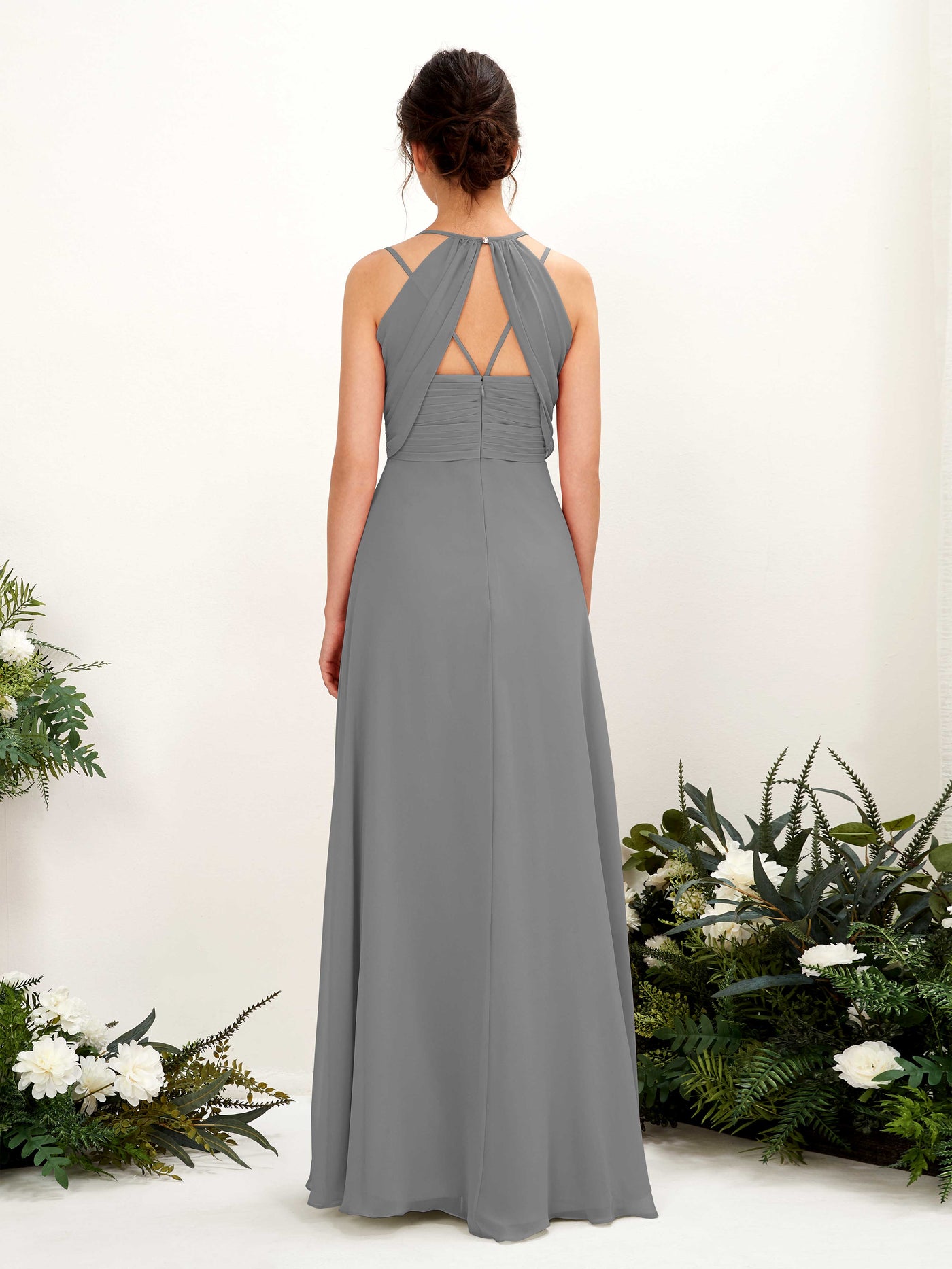 Straps V-neck Sleeveless Chiffon Bridesmaid Dress - Steel Gray (81225420)#color_steel-gray