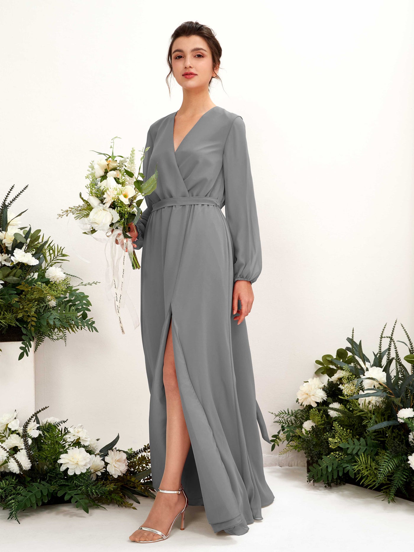 V-neck Long Sleeves Chiffon Bridesmaid Dress - Steel Gray (81223220)#color_steel-gray