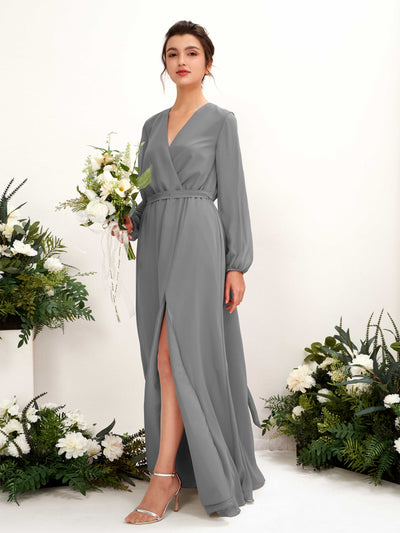 Carlyna Elsie A-Line Steel Gray Bridesmaid Dress Maxi Long Sleeve V-Neck Front View #color_steel-gray