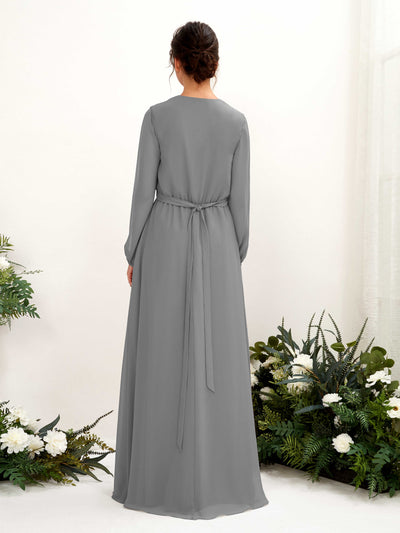 Carlyna Elsie A-Line Steel Gray Bridesmaid Dress Maxi Long Sleeve V-Neck Back View #color_steel-gray