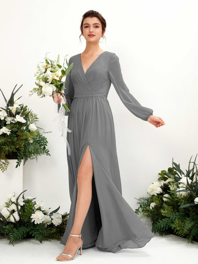 Carlyna Ginny A-Line Steel Gray Bridesmaid Dress Maxi Long Sleeve V-Neck Front View #color_steel-gray