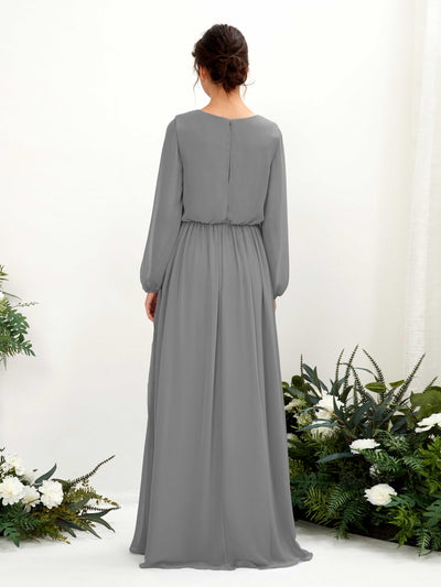 Carlyna Ginny A-Line Steel Gray Bridesmaid Dress Maxi Long Sleeve V-Neck Back View #color_steel-gray