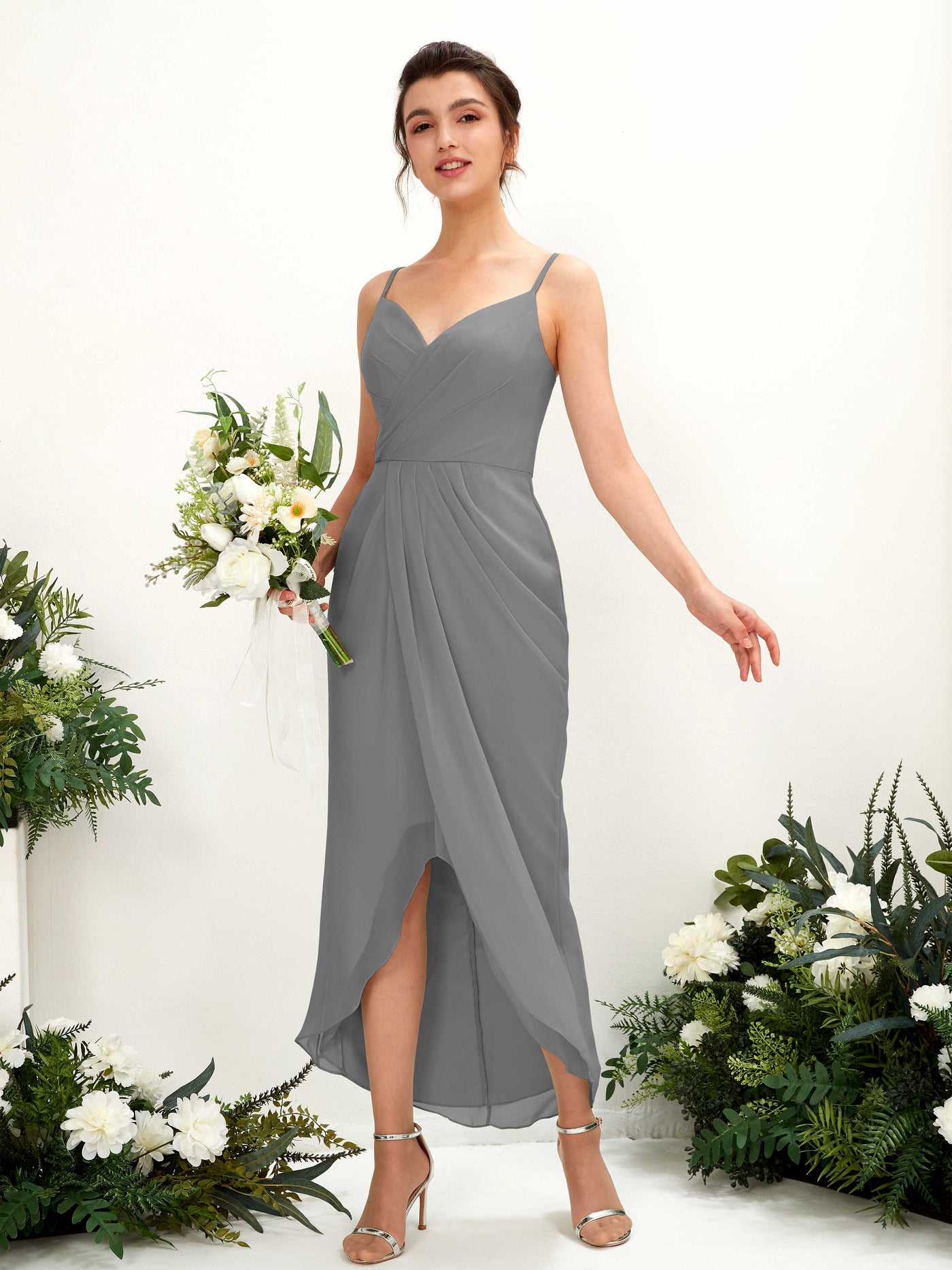 Spaghetti-straps V-neck Sleeveless Chiffon Bridesmaid Dress - Steel Gray (81221320)#color_steel-gray