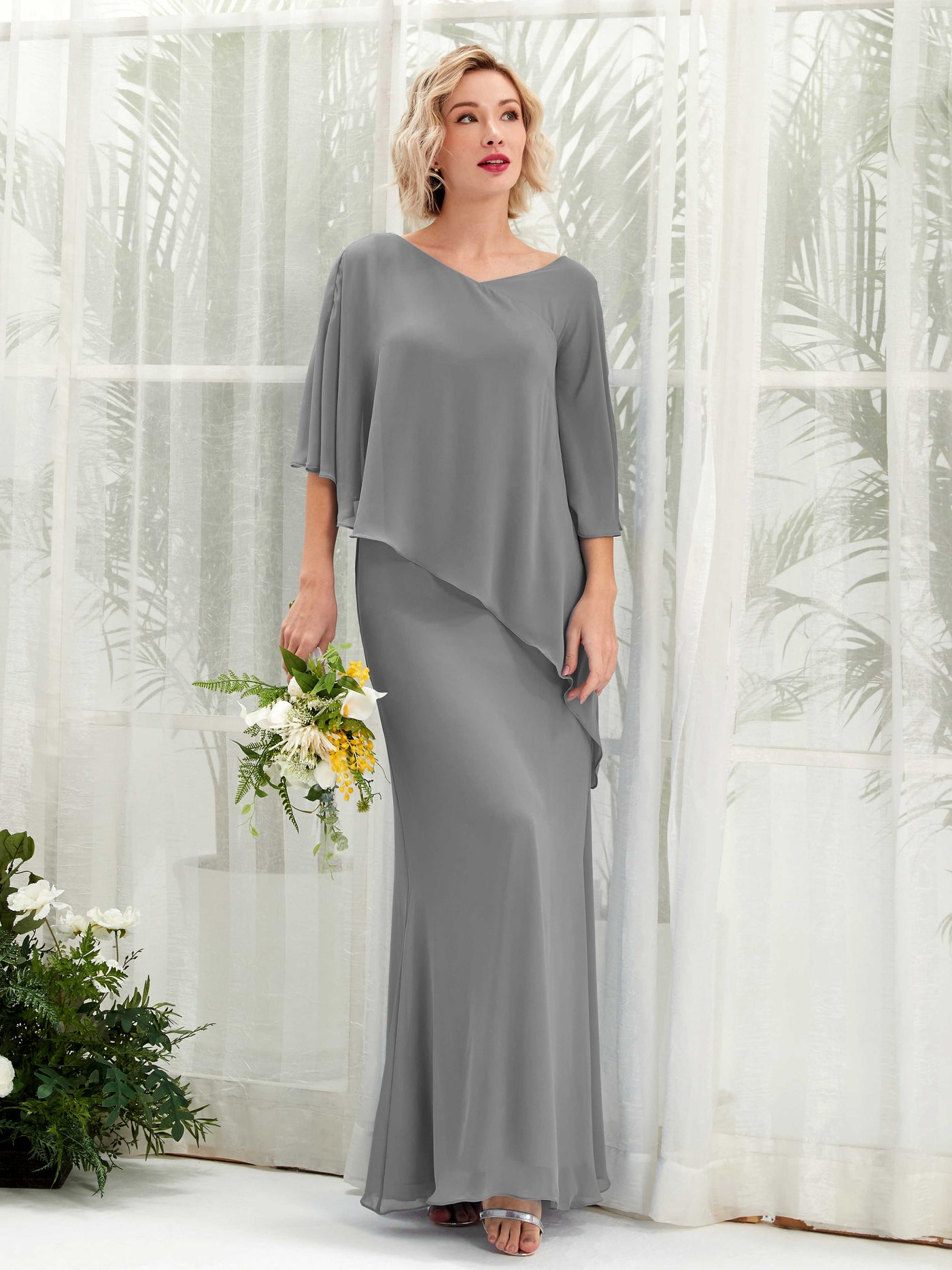 V-neck 3/4 Sleeves Chiffon Bridesmaid Dress - Steel Gray (81222520)#color_steel-gray