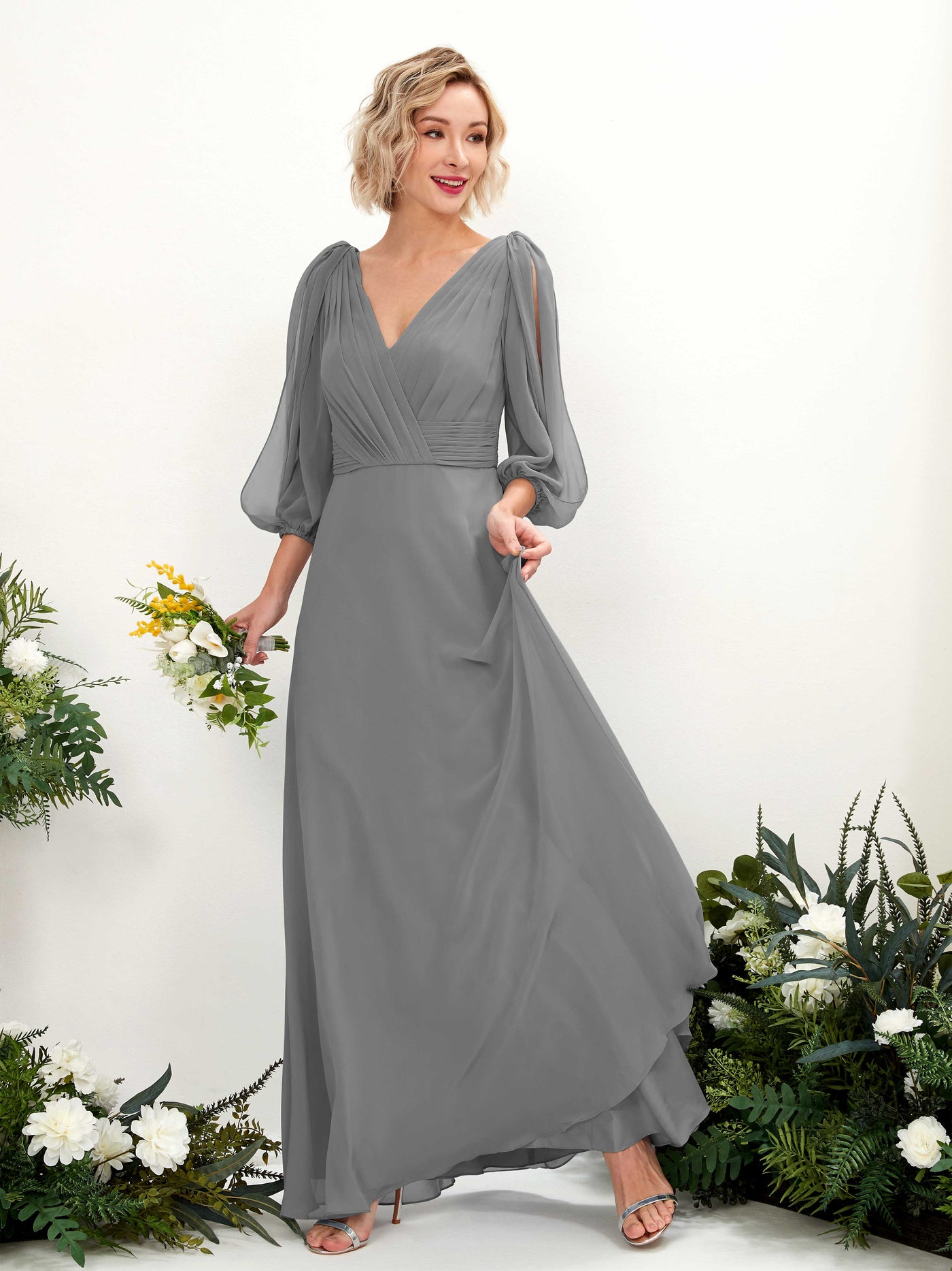 V-neck 3/4 Sleeves Chiffon Bridesmaid Dress - Steel Gray (81223520)#color_steel-gray