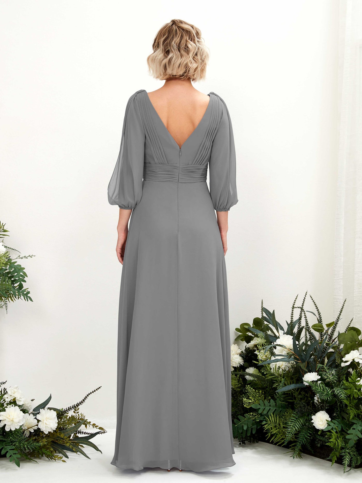 V-neck 3/4 Sleeves Chiffon Bridesmaid Dress - Steel Gray (81223520)#color_steel-gray