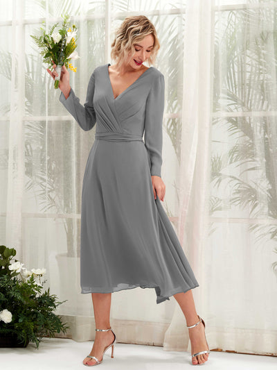 Carlyna Joanna A-Line Steel Gray Bridesmaid Dress Midi Long Sleeve V-Neck  #color_steel-gray