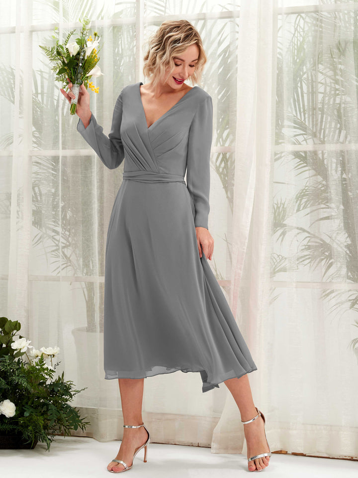 V-neck Long Sleeves Chiffon Bridesmaid Dress - Steel Gray (81223320)