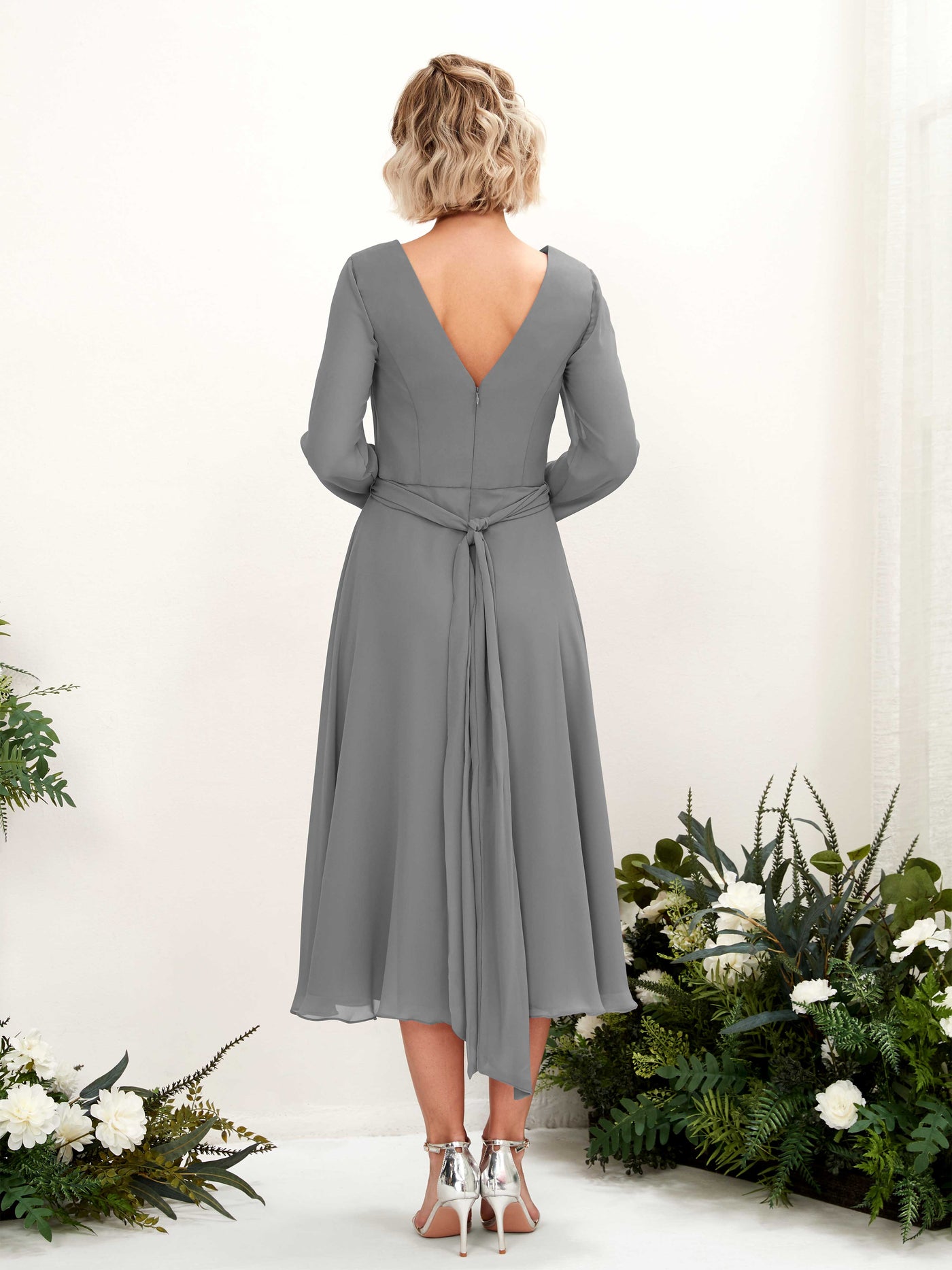 V-neck Long Sleeves Chiffon Bridesmaid Dress - Steel Gray (81223320)#color_steel-gray