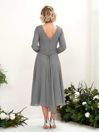 Carlyna Joanna A-Line Steel Gray Bridesmaid Dress Midi Long Sleeve V-Neck  #color_steel-gray