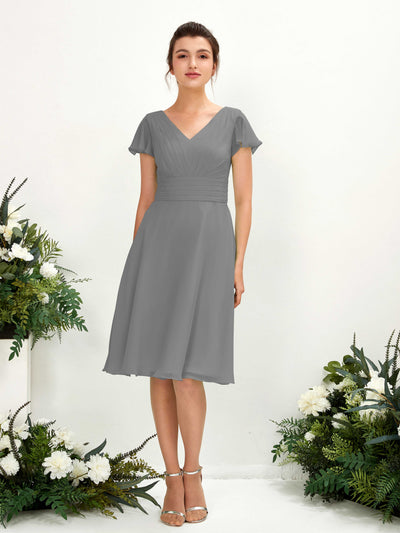 Carlyna Betty A-Line Steel Gray Bridesmaid Dress Knee-Length Short Sleeve V-Neck Dress Front View #color_steel-gray