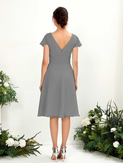 Carlyna Betty A-Line Steel Gray Bridesmaid Dress Knee-Length Short Sleeve V-Neck Dress Back View #color_steel-gray