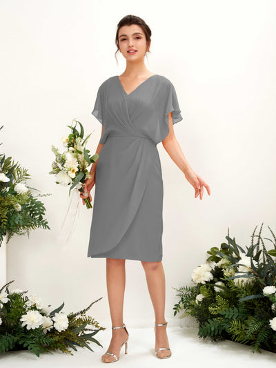 Carlyna Vanessa Sheath Steel Gray Bridesmaid Dress Knee-Length Cap Sleeve V-Neck Dress #color_steel-gray