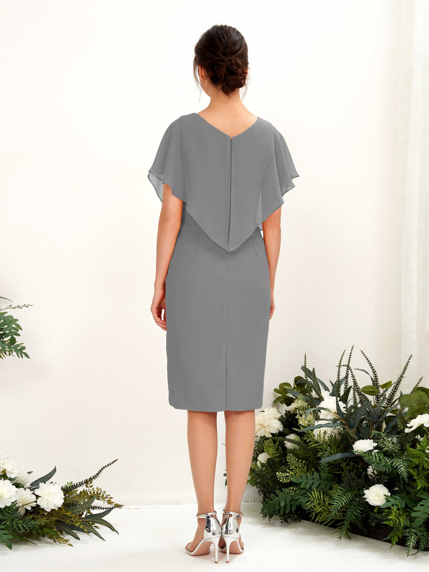 V-neck Short Sleeves Chiffon Bridesmaid Dress - Steel Gray (81222220)#color_steel-gray