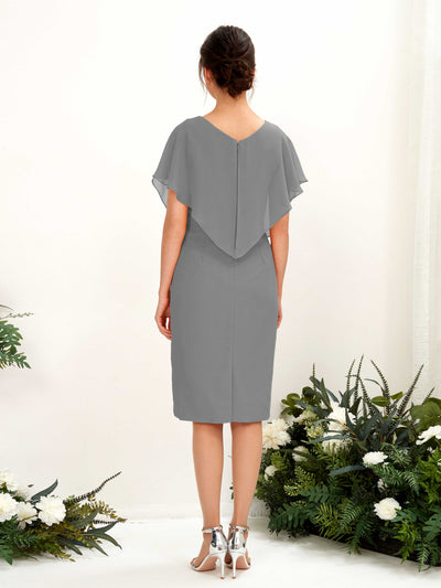 Carlyna Vanessa Sheath Steel Gray Bridesmaid Dress Knee-Length Cap Sleeve V-Neck Dress #color_steel-gray