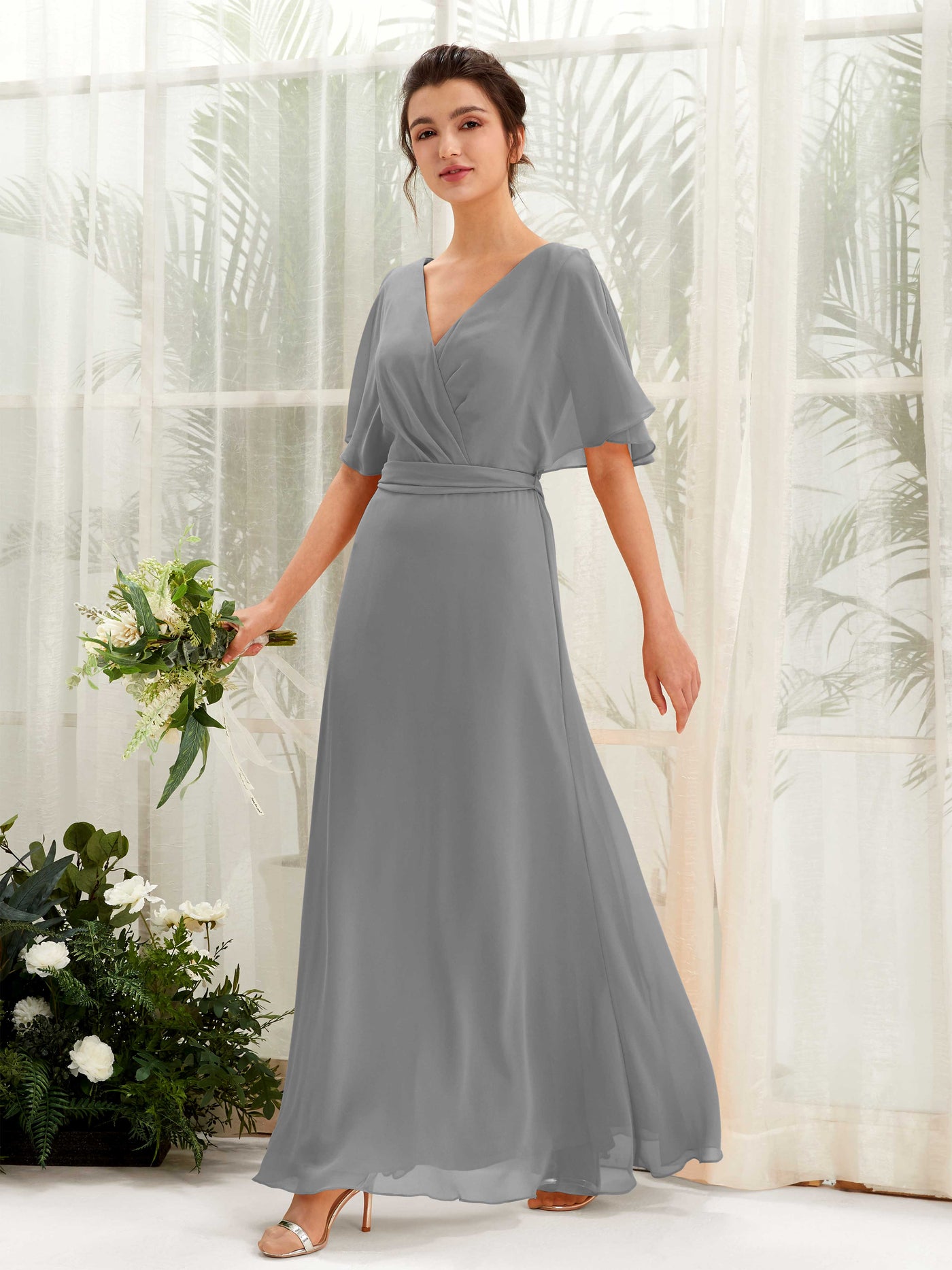 V-neck Short Sleeves Chiffon Bridesmaid Dress - Steel Gray (81222420)#color_steel-gray