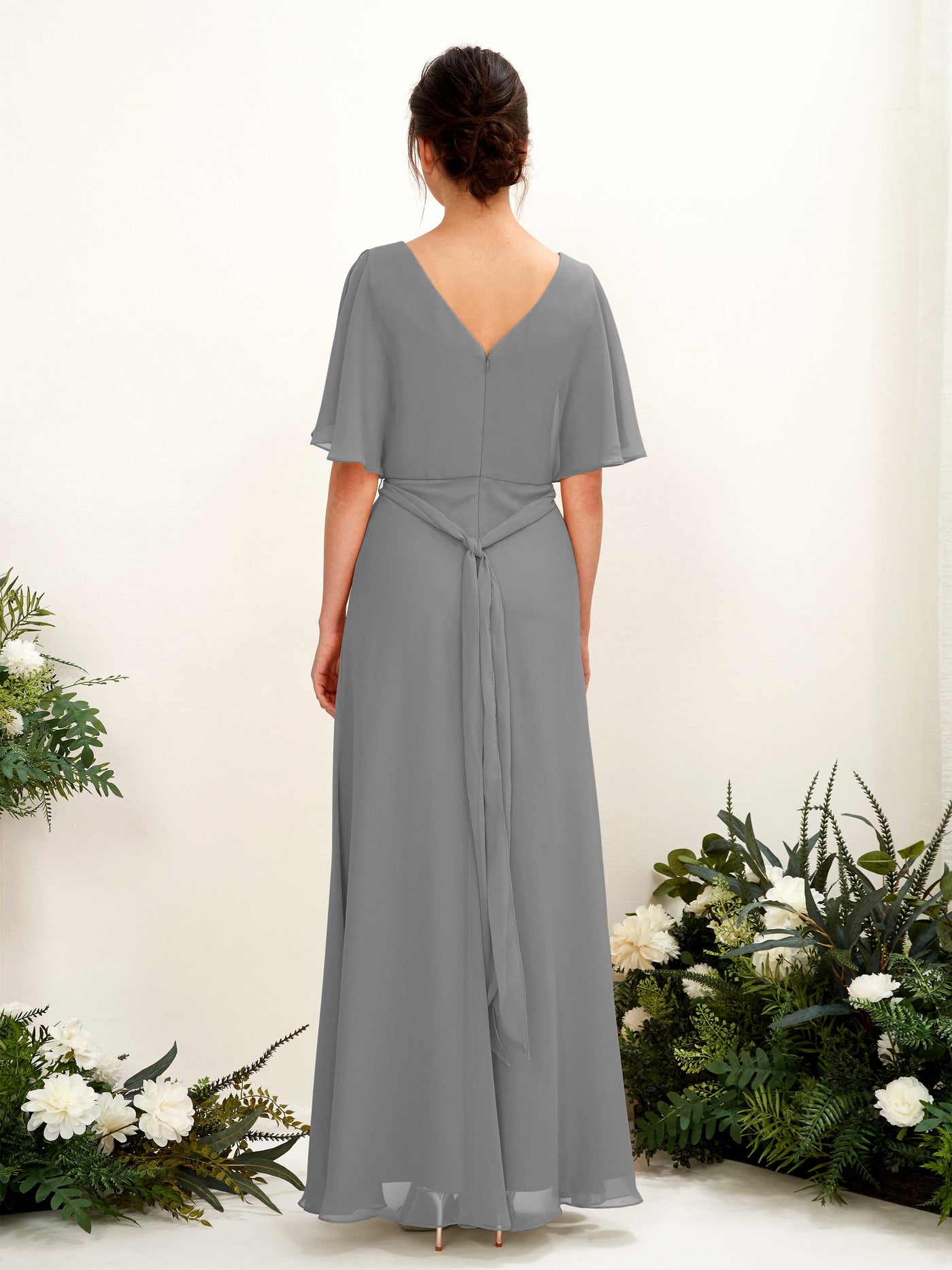V-neck Short Sleeves Chiffon Bridesmaid Dress - Steel Gray (81222420)#color_steel-gray
