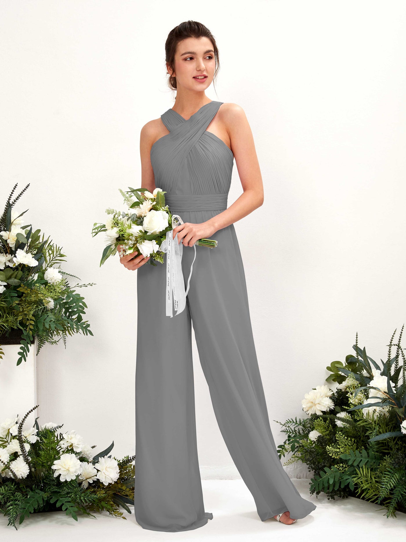 V-neck Sleeveless Chiffon Bridesmaid Dress Wide-Leg Jumpsuit - Steel Gray (81220720)#color_steel-gray