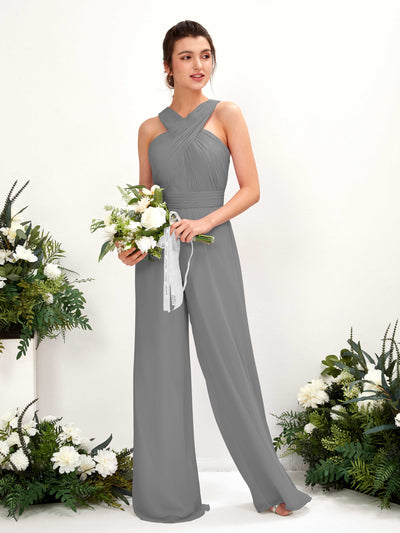 Carlyna Hilona Jumpsuit Steel Gray Bridesmaid Dress Maxi Sleeveless V-Neck Dress Front View #color_steel-gray