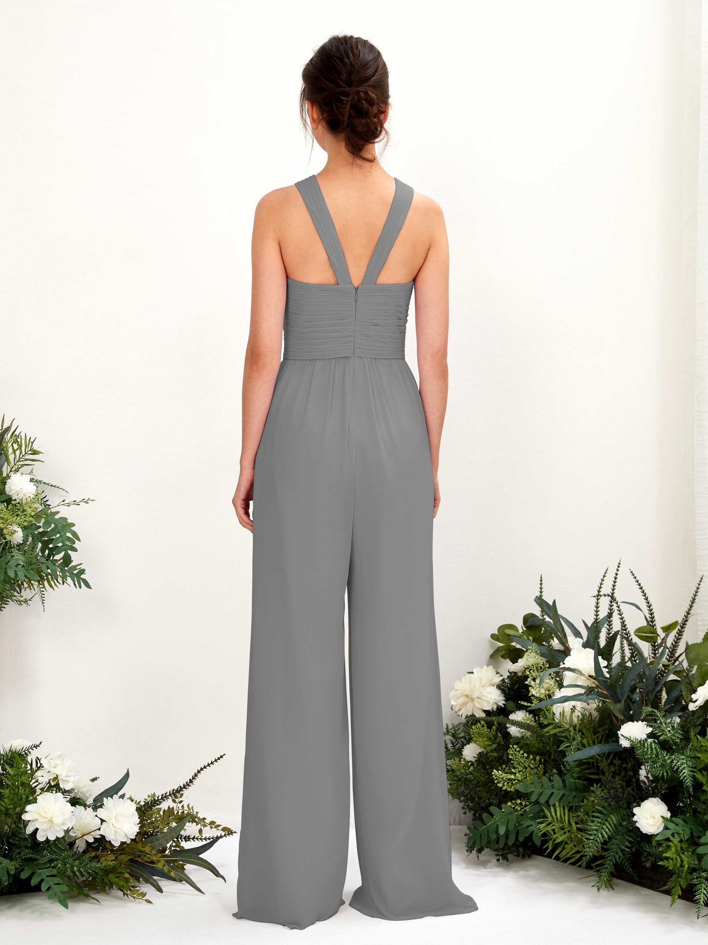 V-neck Sleeveless Chiffon Bridesmaid Dress Wide-Leg Jumpsuit - Steel Gray (81220720)#color_steel-gray