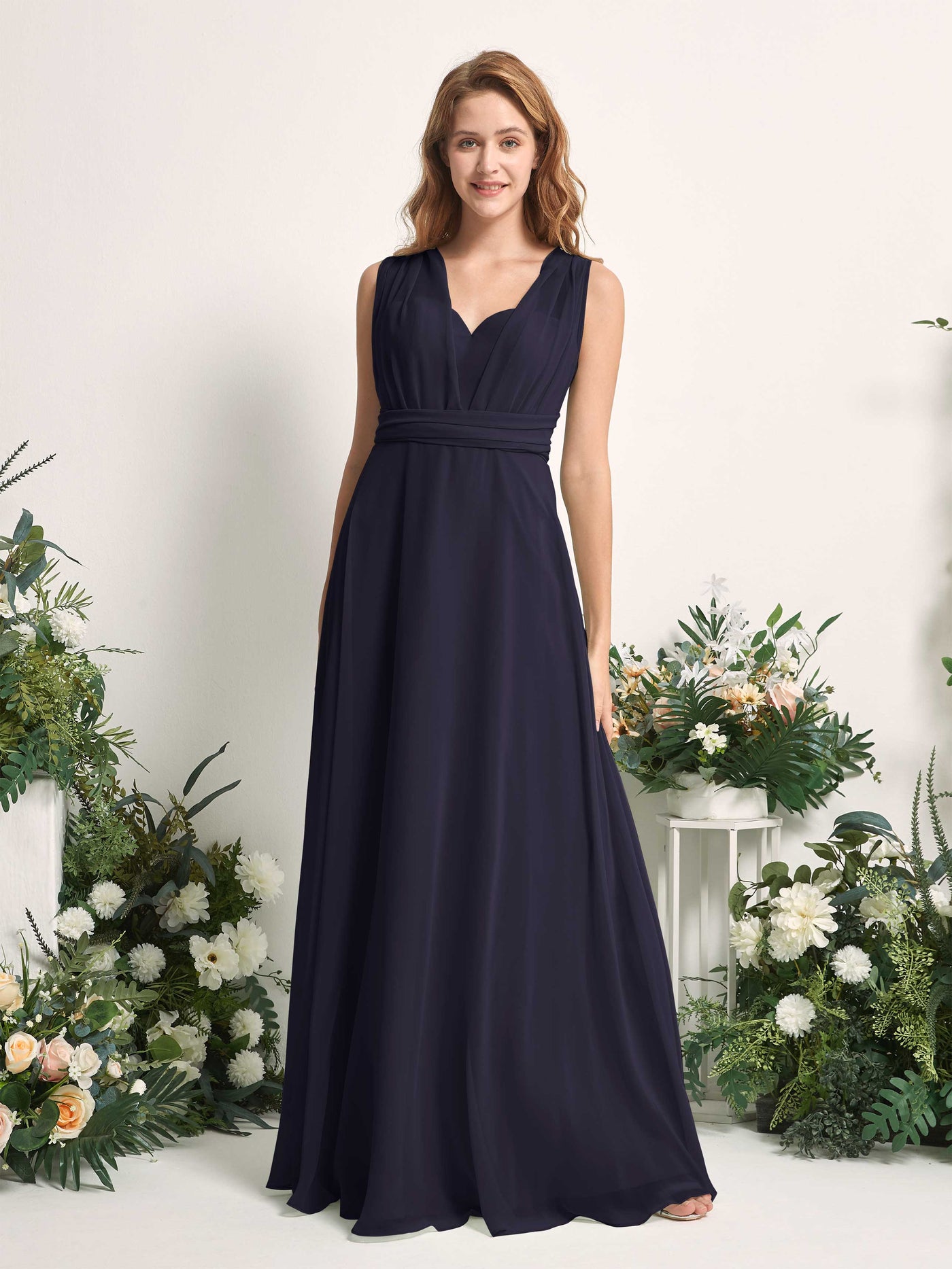 Bridesmaid Dress A-line Chiffon Halter Full Length Short Sleeves Wedding Party Dress - Dark Navy (81226318)#color_dark-navy