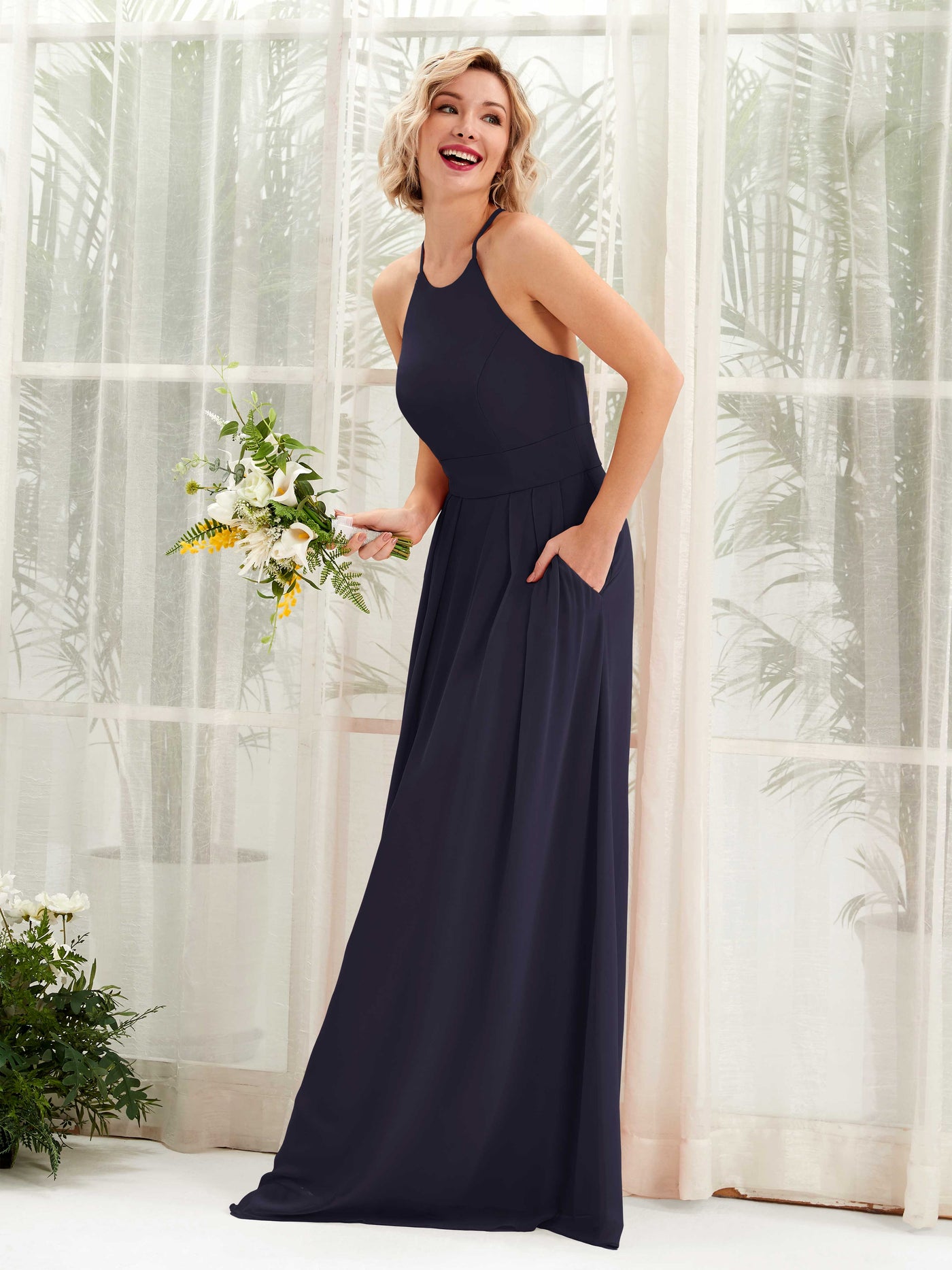 A-line Ball Gown Halter Spaghetti-straps Sleeveless Bridesmaid Dress  (81225218)#color_dark-navy
