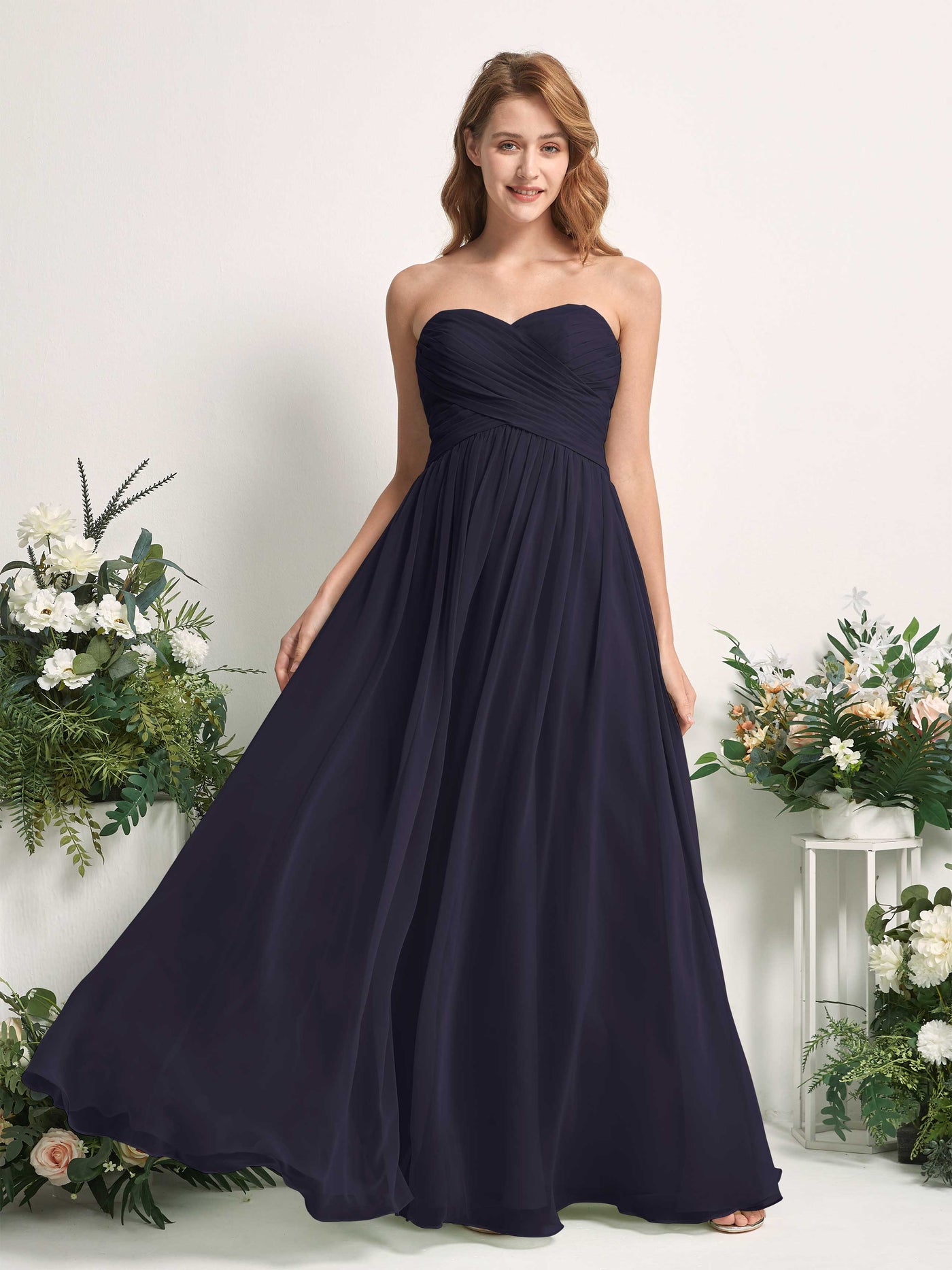 Bridesmaid Dress A-line Chiffon Sweetheart Full Length Sleeveless Wedding Party Dress - Dark Navy (81226918)#color_dark-navy