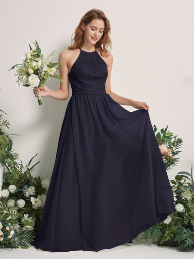 Carlyna Denise A-Line Dark Navy Embroidered Bridesmaid Dress Maxi Sleeveless Round Neck Dress Front View #color_dark-navy