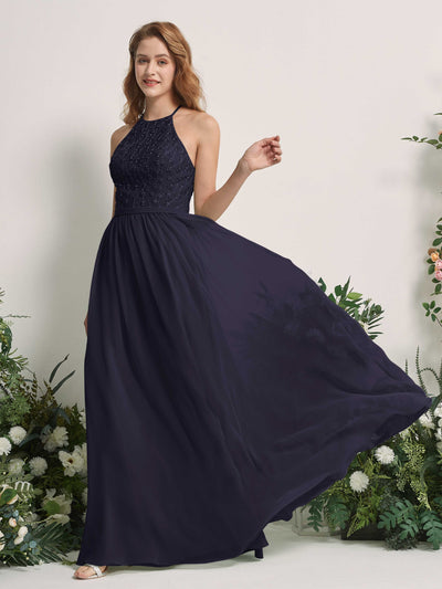 Carlyna Denise A-Line Dark Navy Embroidered Bridesmaid Dress Maxi Sleeveless Round Neck Dress Side View 2 #color_dark-navy