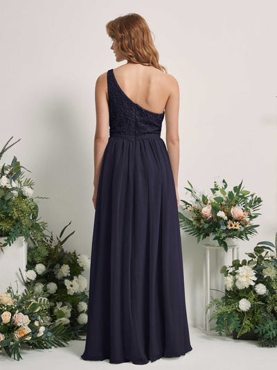 Carlyna Bonita A-Line Dark Navy Embroidered Bridesmaid Dress Maxi Sleeveless One Shoulder Dress Back View #color_dark-navy
