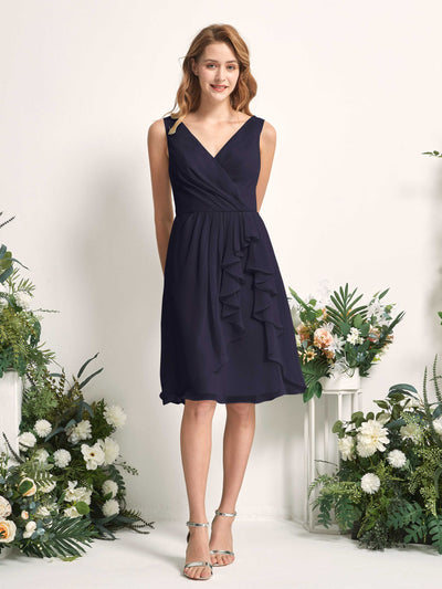 Carlyna Alisha A-Line Dark Navy Bridesmaid Dress Knee-Length Sleeveless V-Neck Dress Front View #color_dark-navy