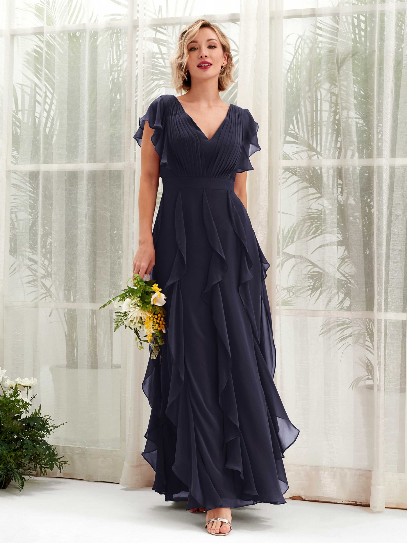 A-line V-neck Short Sleeves Chiffon Bridesmaid Dress  (81226018)#color_dark-navy