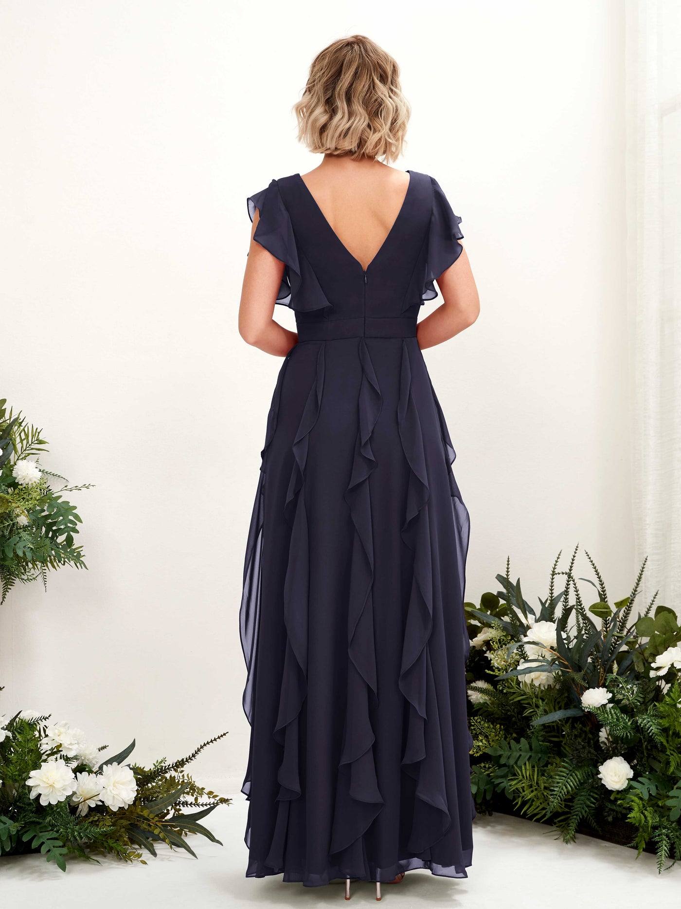 A-line V-neck Short Sleeves Chiffon Bridesmaid Dress  (81226018)#color_dark-navy
