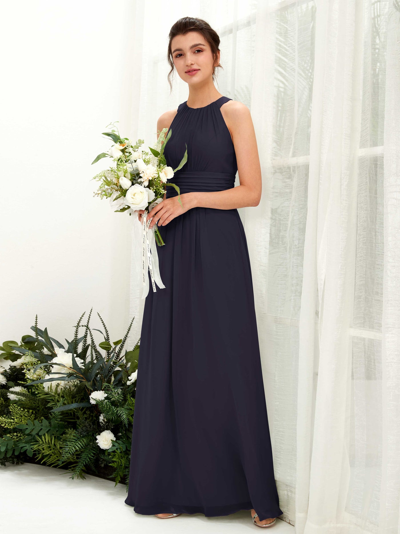 A-line Round Sleeveless Chiffon Bridesmaid Dress  (81221518)#color_dark-navy