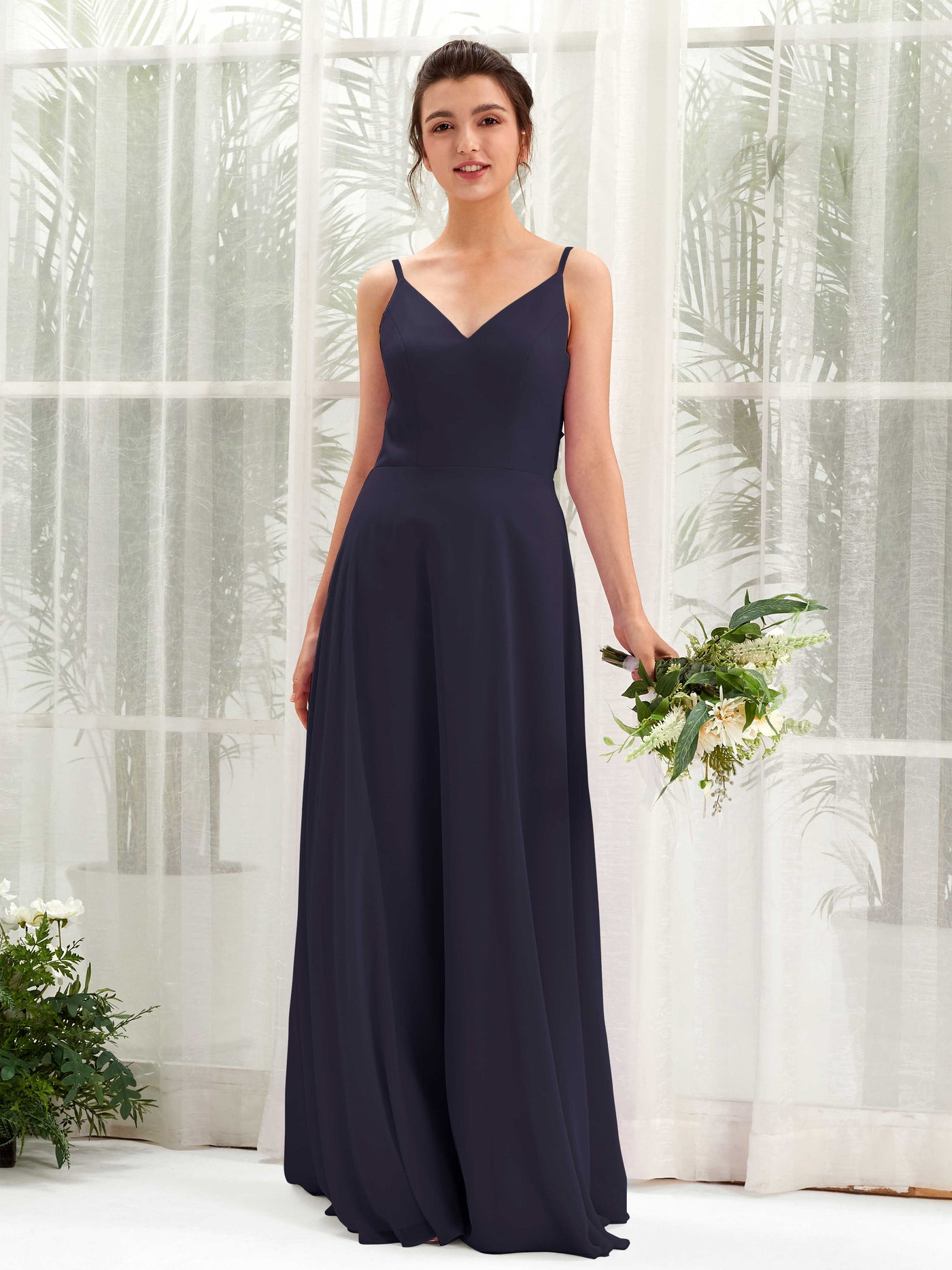 A-line Spaghetti-straps V-neck Sleeveless Chiffon Bridesmaid Dress  (81220618)#color_dark-navy