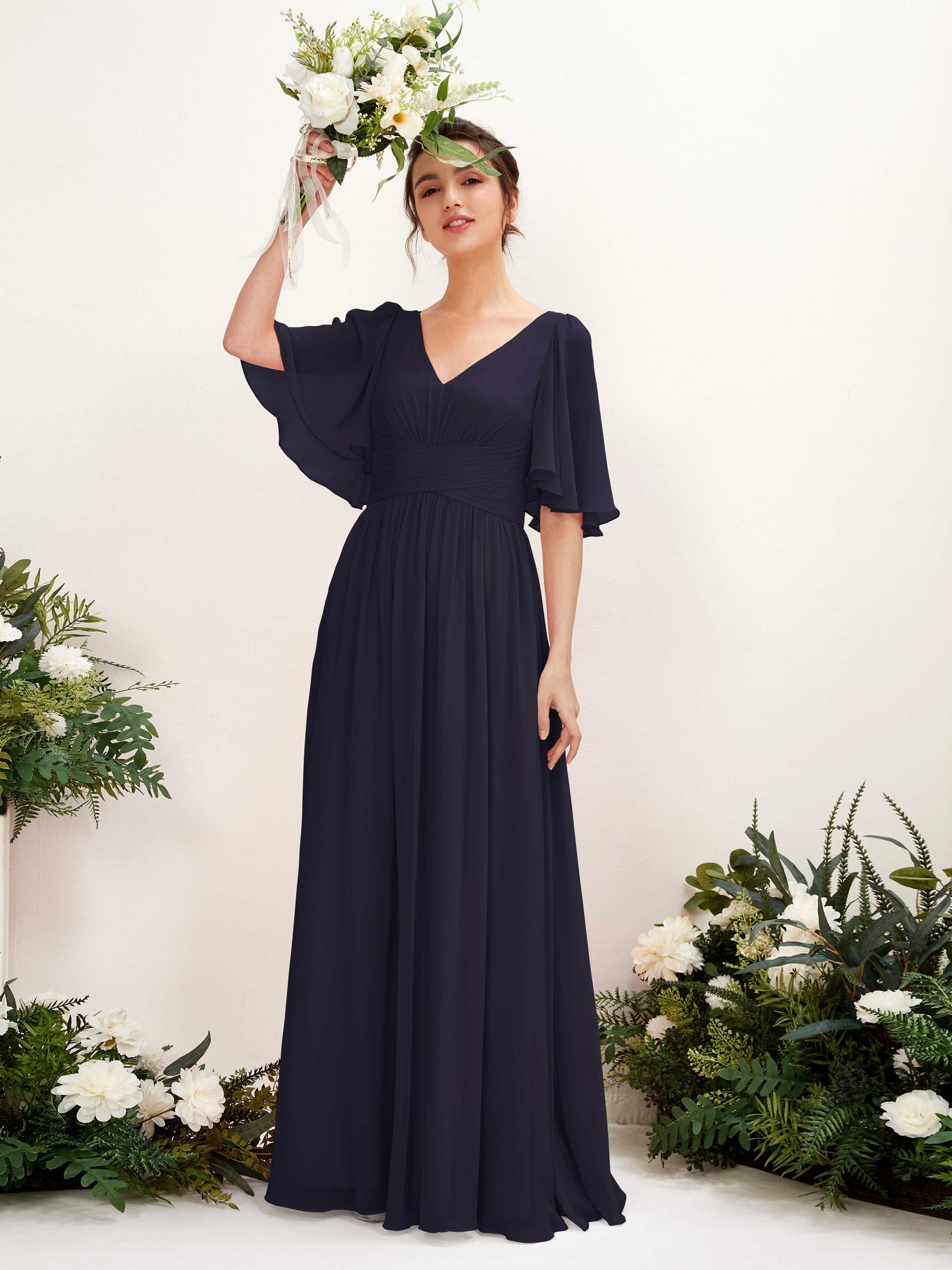 A-line V-neck 1/2 Sleeves Chiffon Bridesmaid Dress (81221618)#color_dark-navy