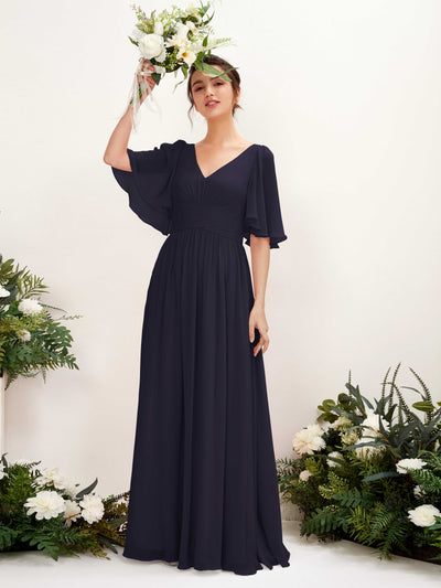 Carlyna Odette A-Line Dark Navy Bridesmaid Dress Maxi Short Sleeve V-Neck Dress #color_dark-navy