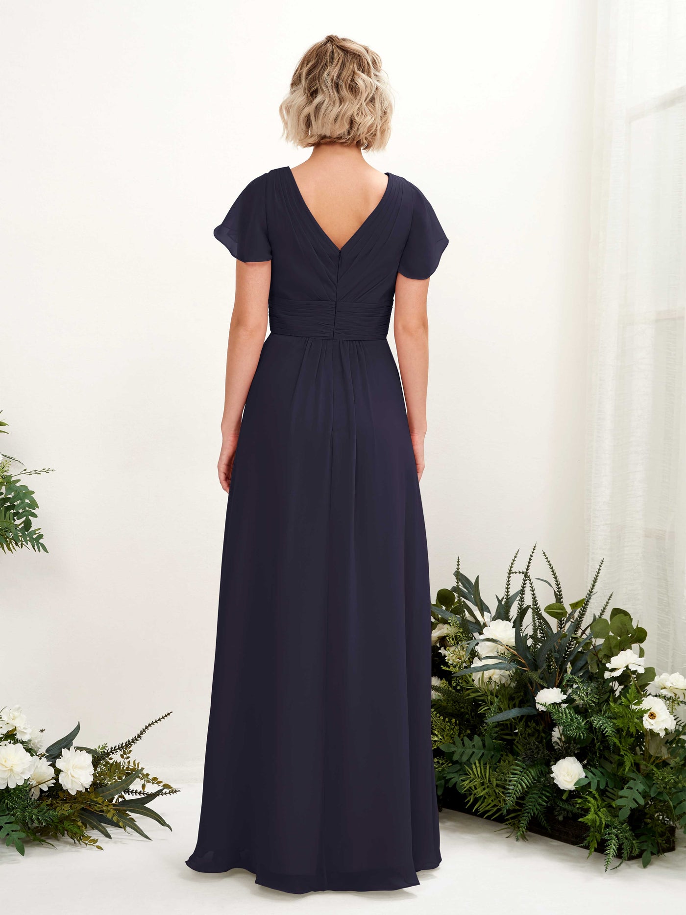 A-line V-neck Cap Sleeves Chiffon Bridesmaid Dress  (81224318)#color_dark-navy