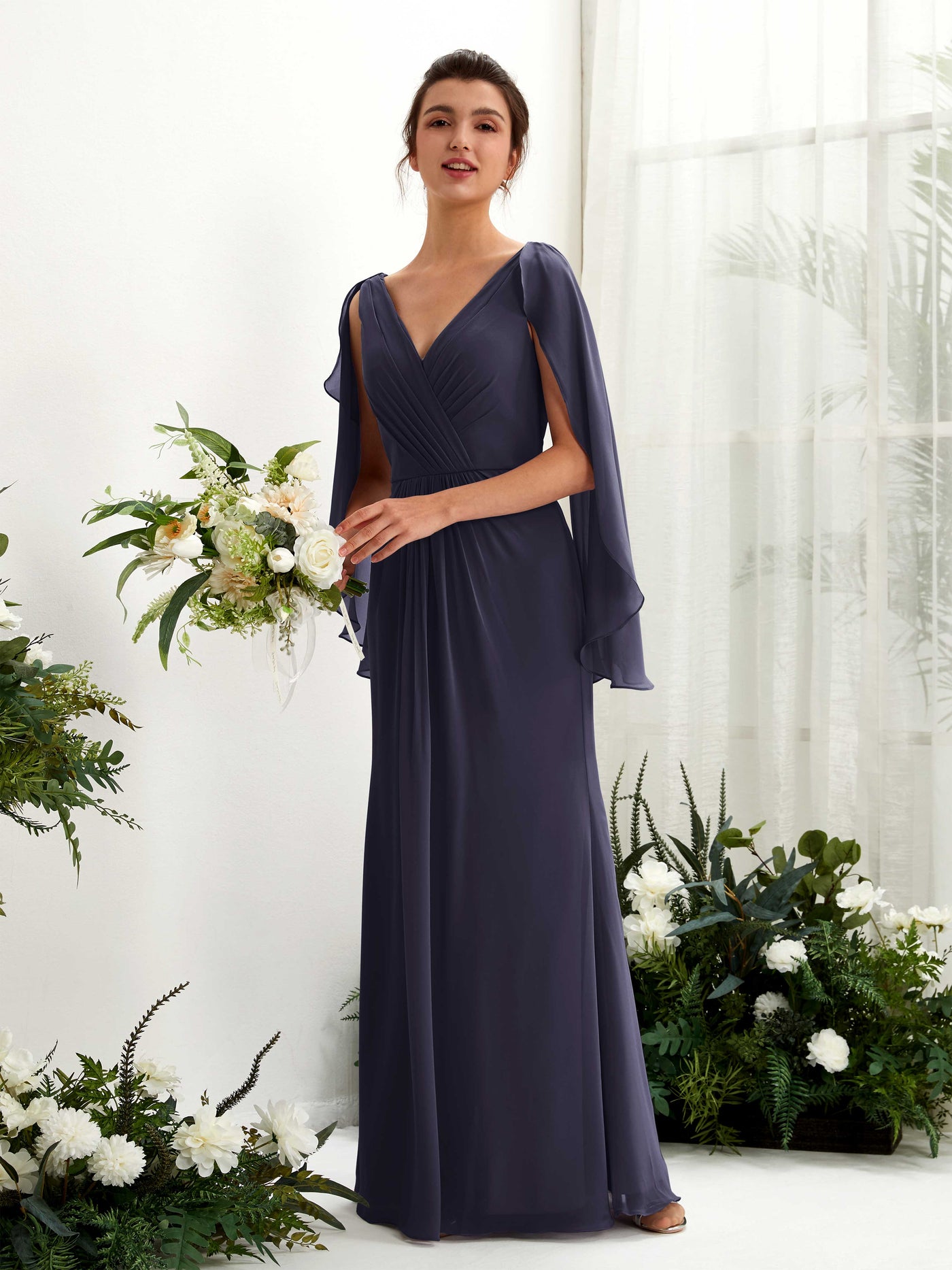 A-line V-neck Chiffon Bridesmaid Dress (80220118)#color_dark-navy
