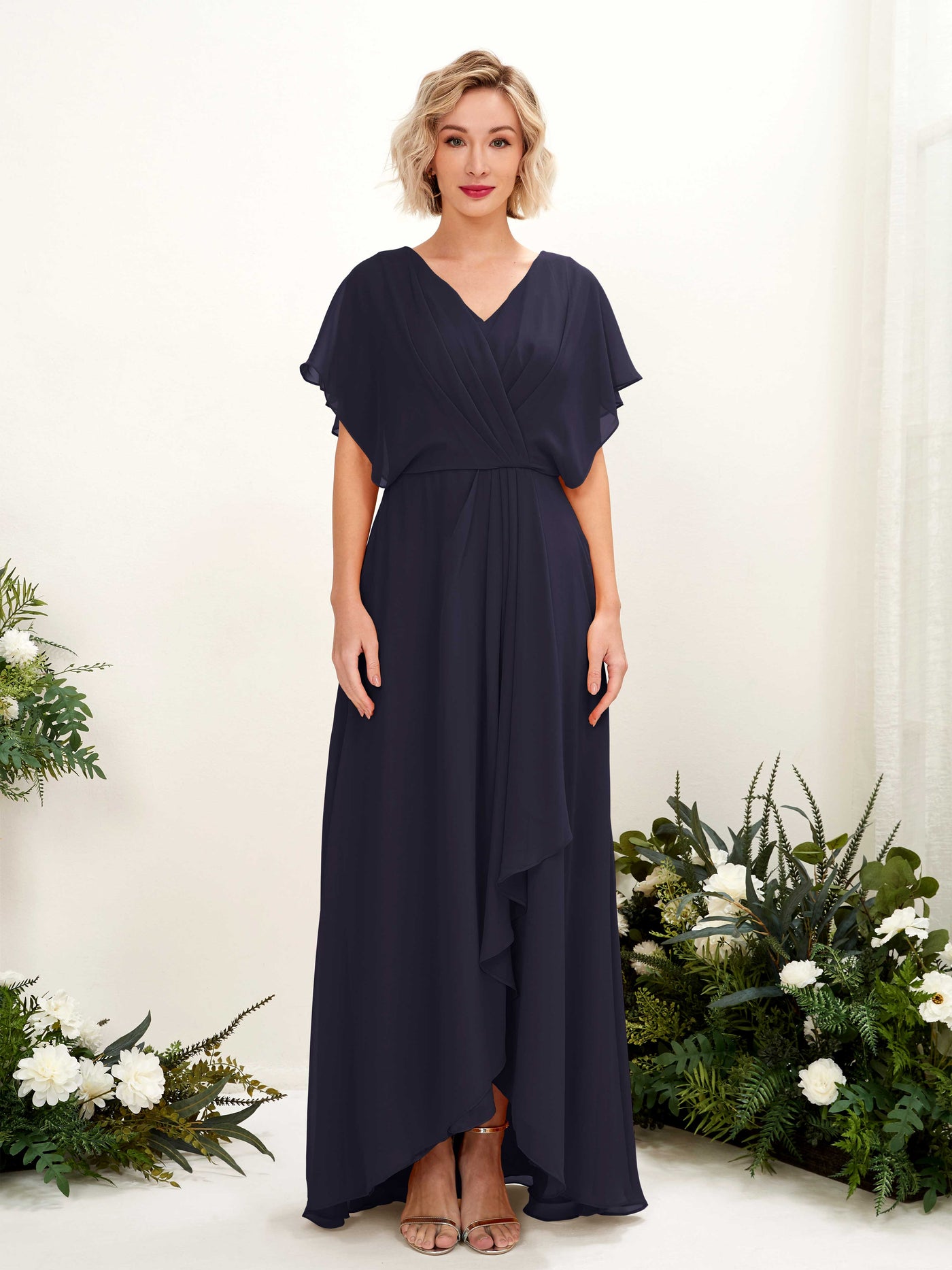 A-line V-neck Short Sleeves Chiffon Bridesmaid Dress  (81222118)#color_dark-navy
