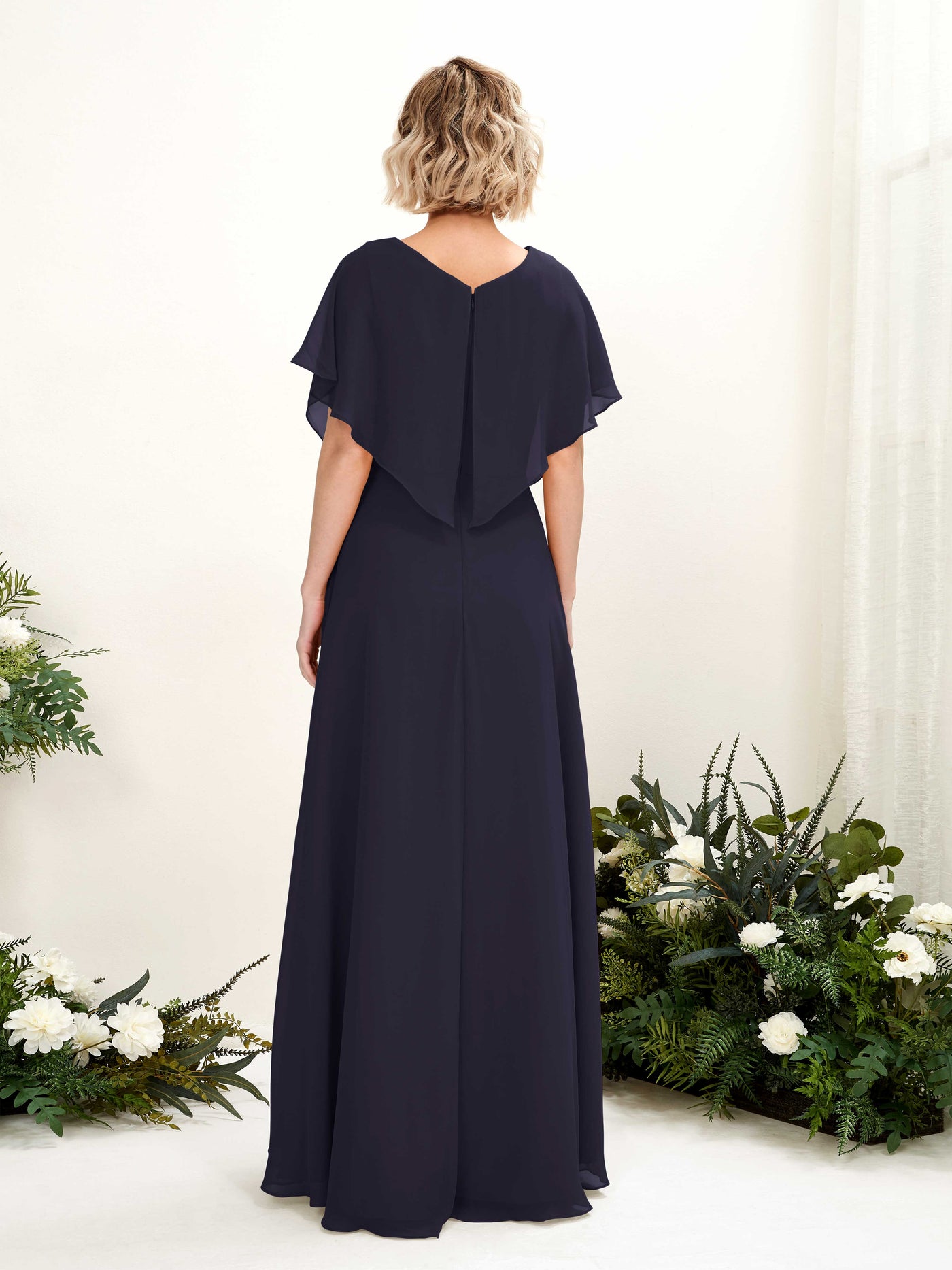 A-line V-neck Short Sleeves Chiffon Bridesmaid Dress  (81222118)#color_dark-navy